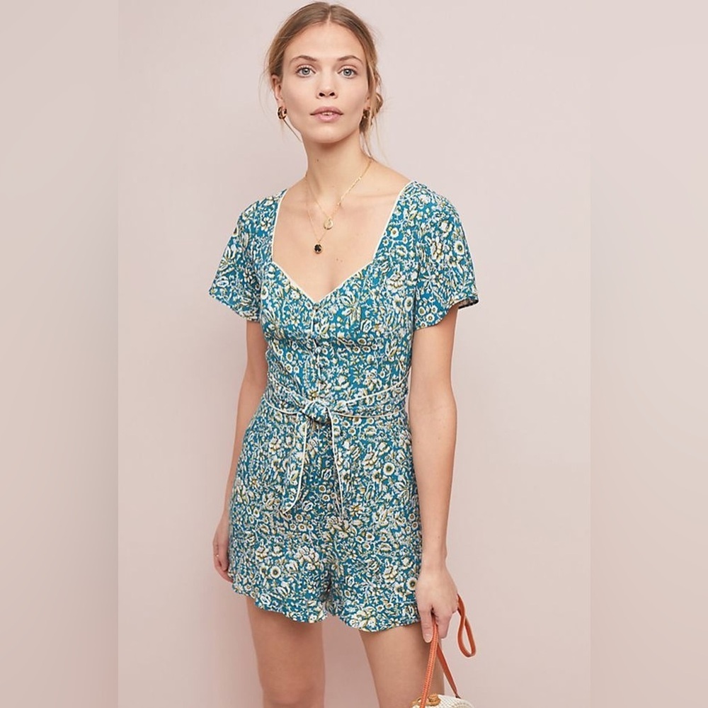 Maeve by Anthropologie Point Breeze Romper in Blue Motif - Size 12